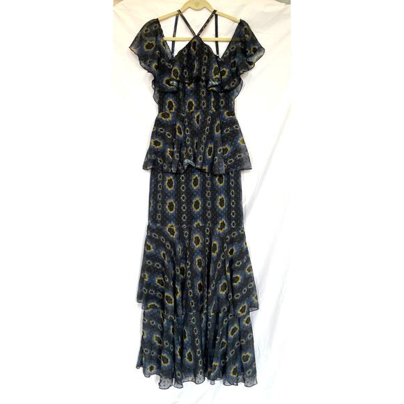 Cynthia Rowley Romantic Tiered Ruffle Maxi Dress, Black Blue Mod Floral Size 4 - Picture 2 of 8